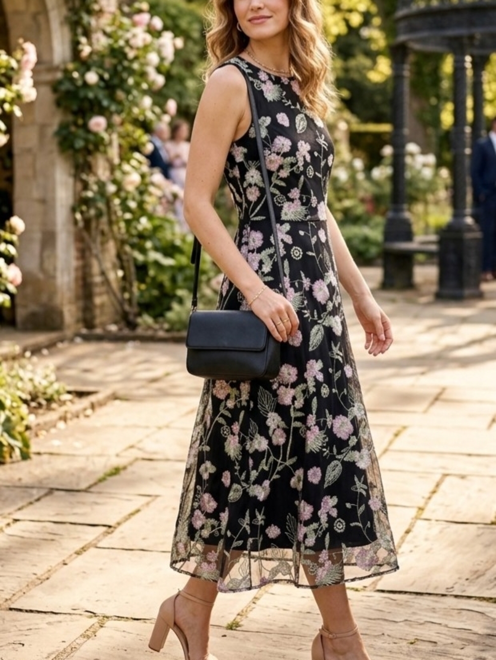 DKNY Floral Embroidered Mesh Overlay Midi Dress Size 6 Black Pink